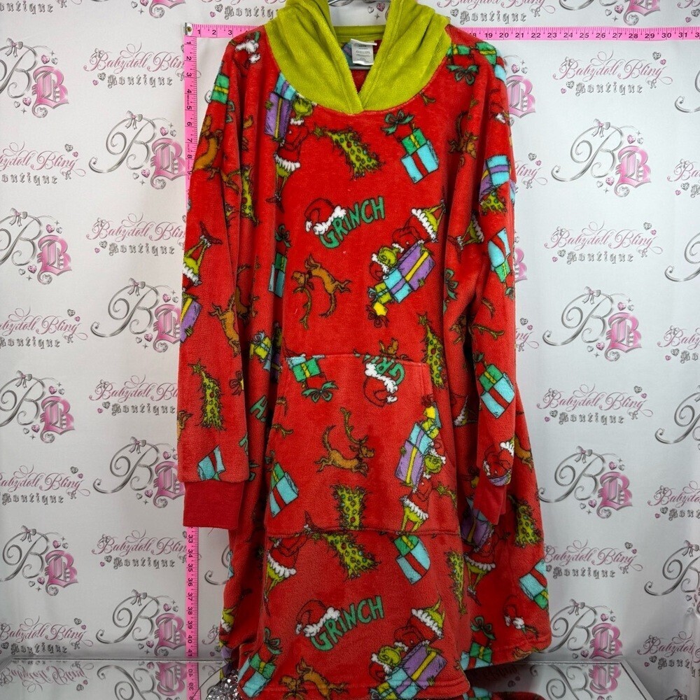 Grinch blanket hoodie long Holiday Red Hooded Lounge Pullover with Green Hood